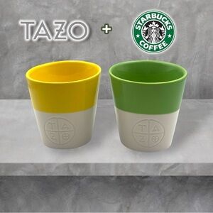 Starbucks + Tazo Colab Yellow and Green Ceramic Tea Cups Set of 2 Slanted Bright